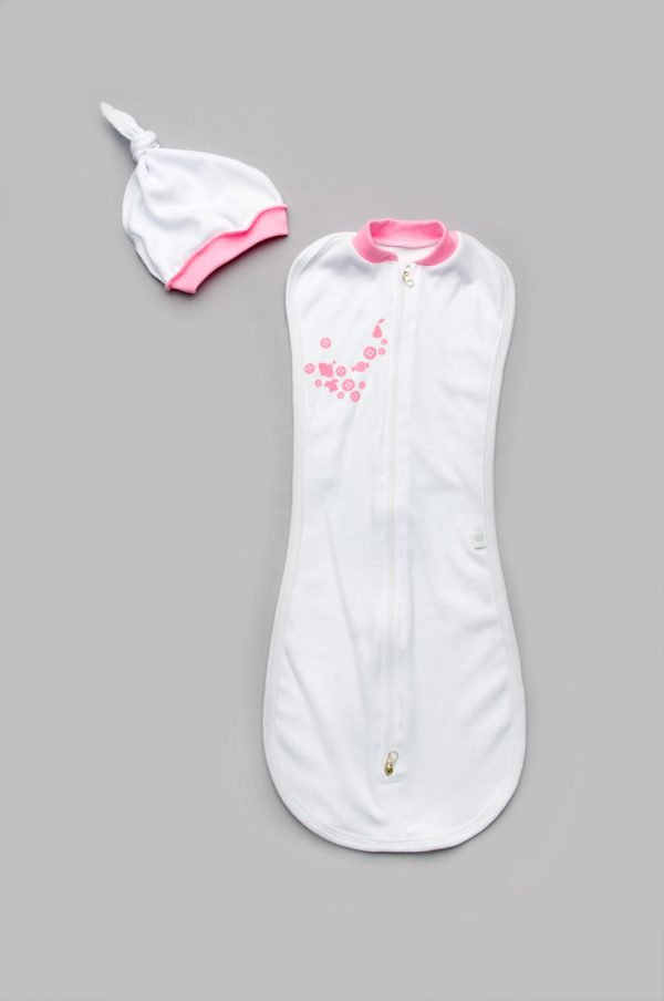 трикотажная пеленка кокон для новорожденной белая с розовым